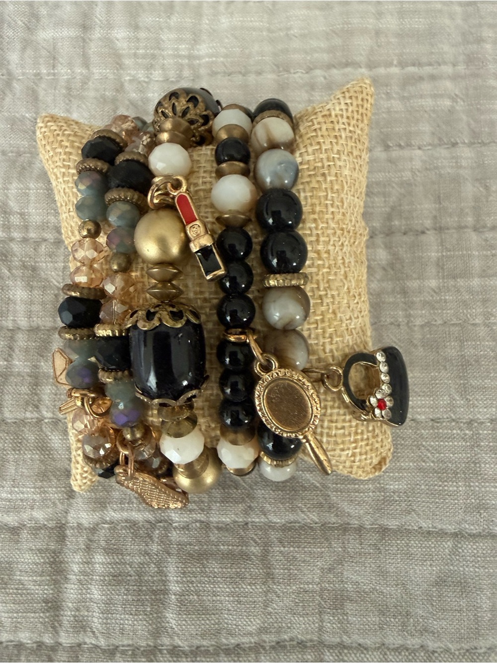 Set of 5 Black & Gold Multi Strand Charm Beaded Women’s Bracelet Set